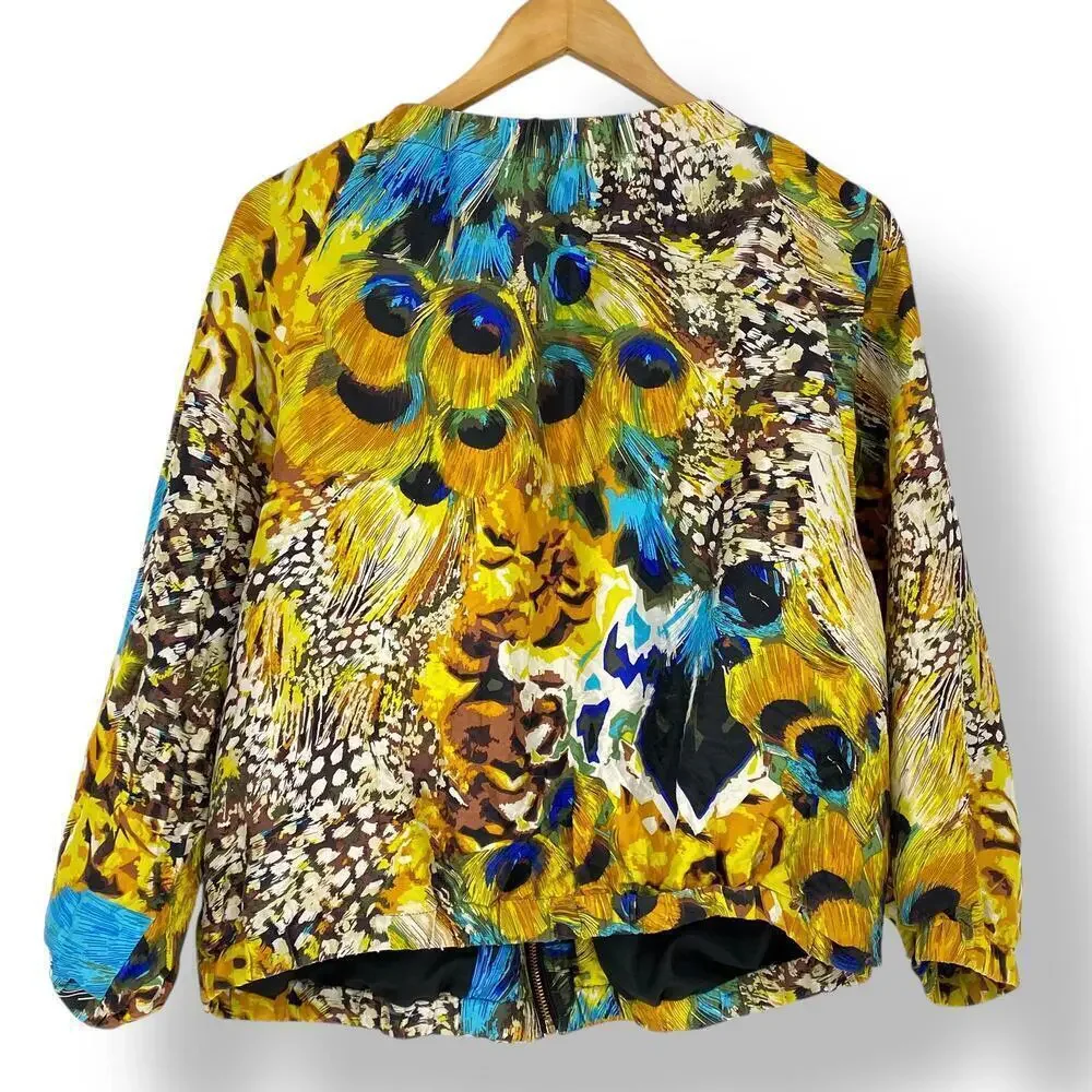 INDIKKA 100% Silk Vibrant Peacock Print Bomber Jacket Wms sz XL